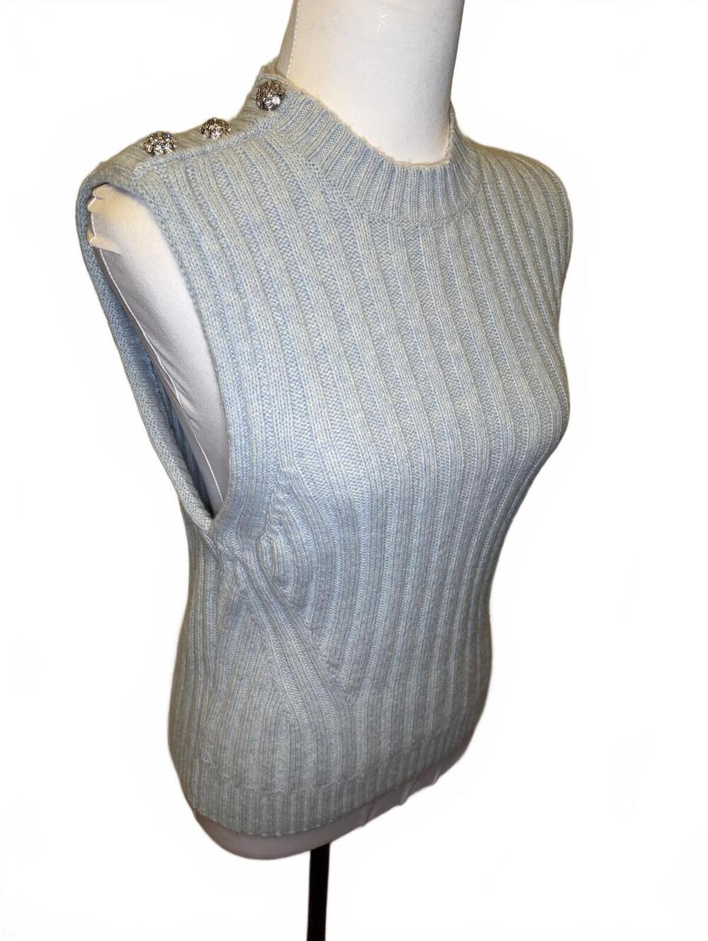 GANNI Light Blue Wool Sleeveless Sweater S Crystal Beads Quiet Luxury Minimalist